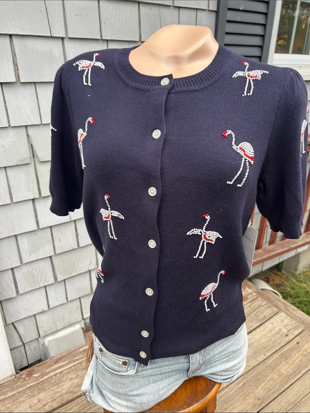 Free Assembly Navy beaded Flamingo Button Cardigan Med - New